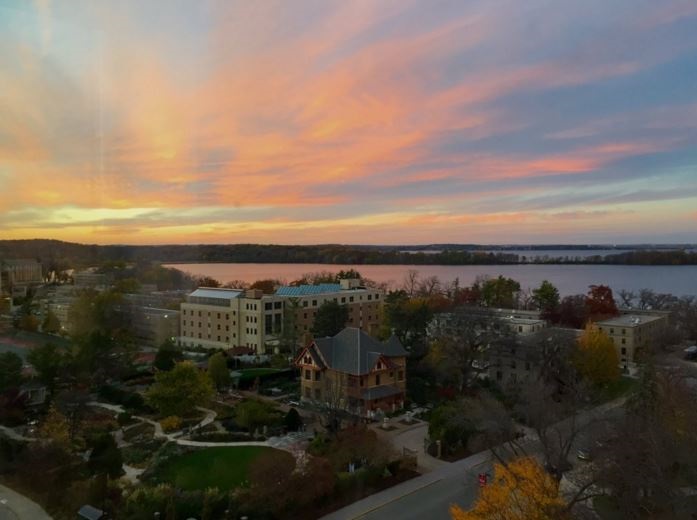 A view University of Wisconsin Madison's Currie Lab over Lake Mendoa